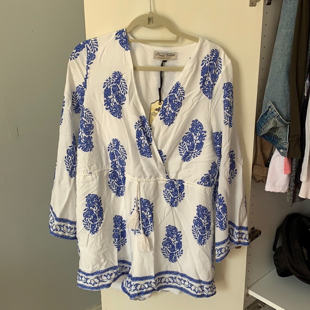 Blue and white wrap romper